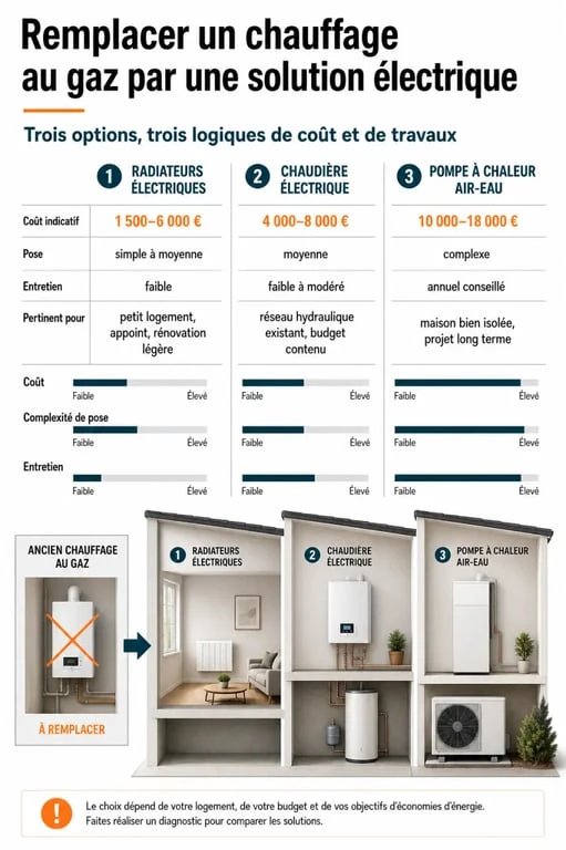 Coût remplacement chauffage gaz par électrique : infographie comparative des radiateurs électriques, chaudière électrique et pompe à chaleur air-eau