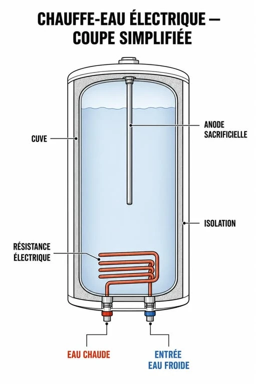 Schéma de fonctionnement d'un chauffe-eau montrant l'anode sacrificielle et la protection contre la corrosion