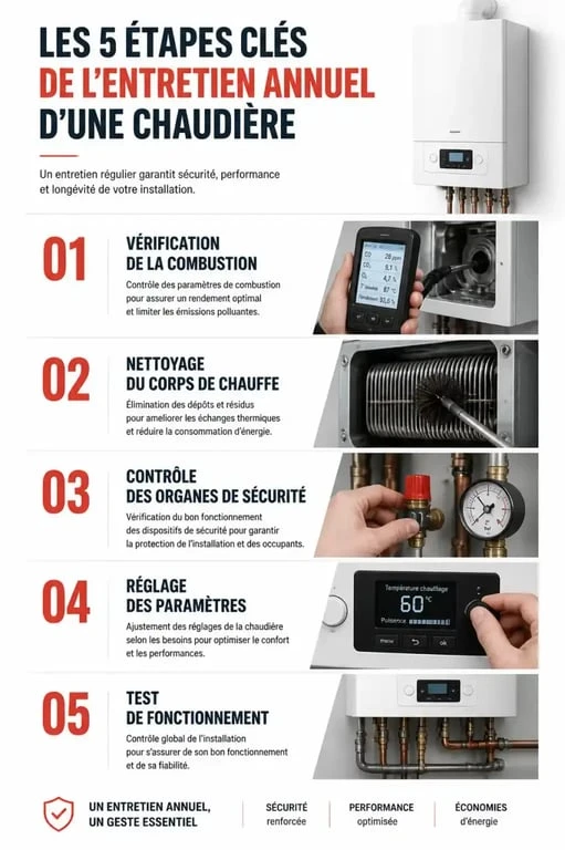 Infographie des étapes de l'entretien annuel d'une chaudière elm.leblanc