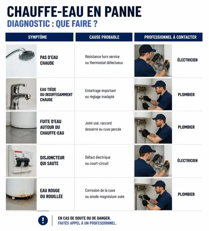 Infographie de diagnostic pour le dépannage chauffe-eau : symptômes, causes et professionnels à contacter