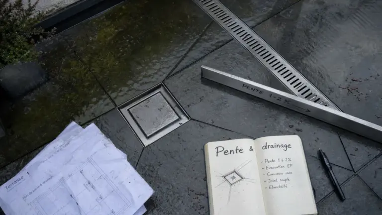 Évacuation eau sur terrasse : siphon de sol, pente et drainage