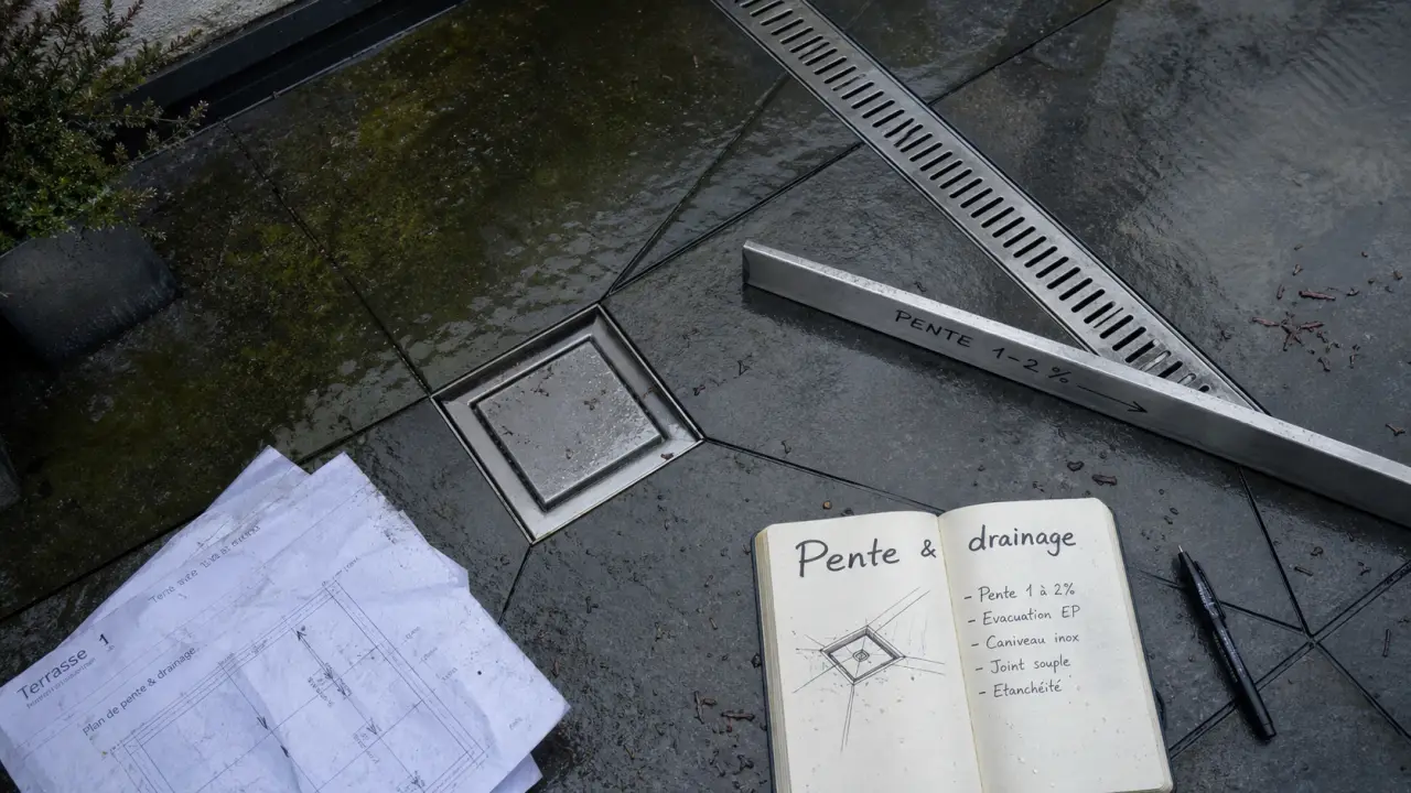 Évacuation eau sur terrasse : siphon de sol, pente et drainage