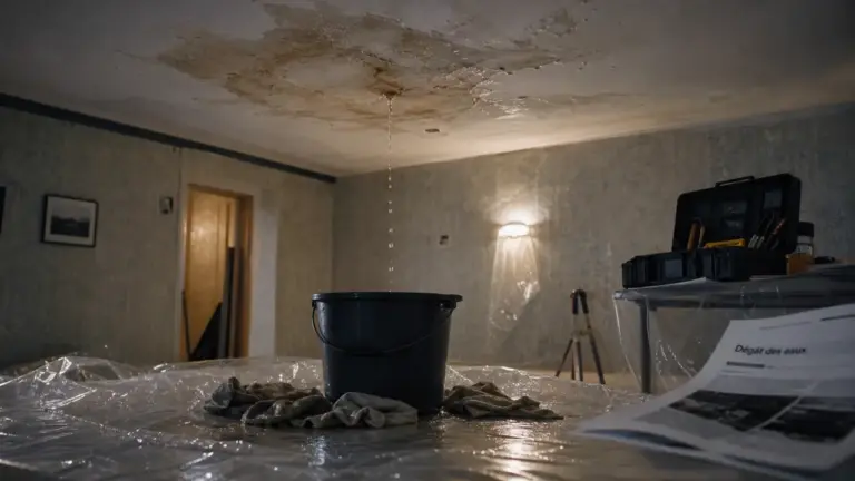 Fuite d'eau plafond : auréole jaune et goutte sur plafond plâtré, dégâts en cours