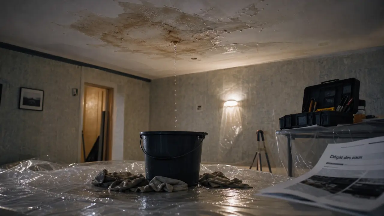 Fuite d'eau plafond : auréole jaune et goutte sur plafond plâtré, dégâts en cours
