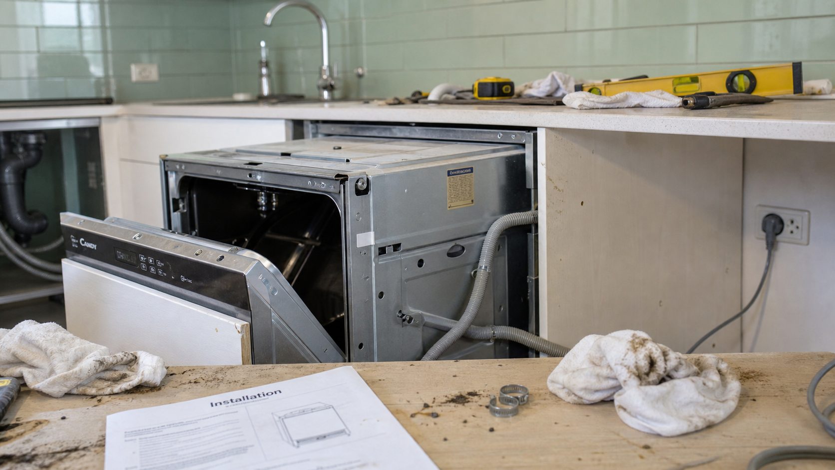 Installer un lave vaisselle : 3 raccordements, câble et tuyau visibles sous le plan de travail
