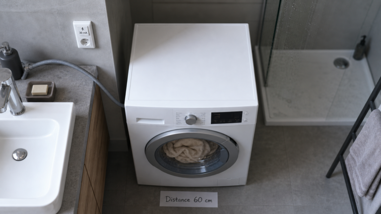 Lave linge salle de bain placé hors zone humide, distance 60 cm