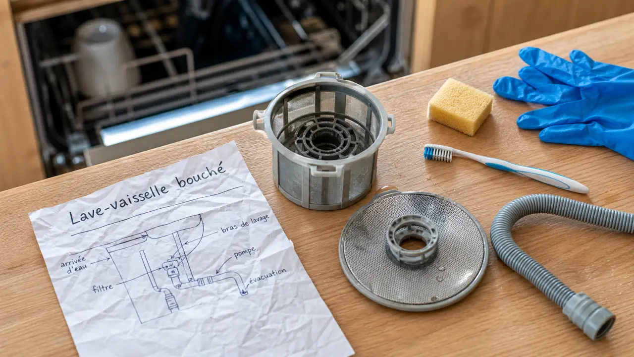 Lave vaisselle bouché : filtre et tuyau de vidange démontés