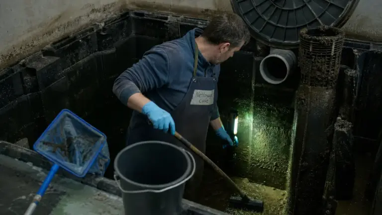 Nettoyage cuve : technicien en gants nettoie l’intérieur d’une cuve d’eau