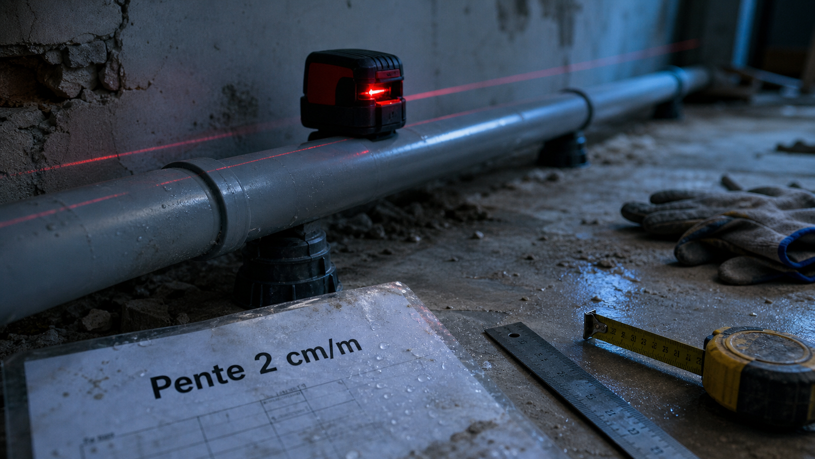 Pente évacuation eaux usées : mesure cm/m avec niveau laser