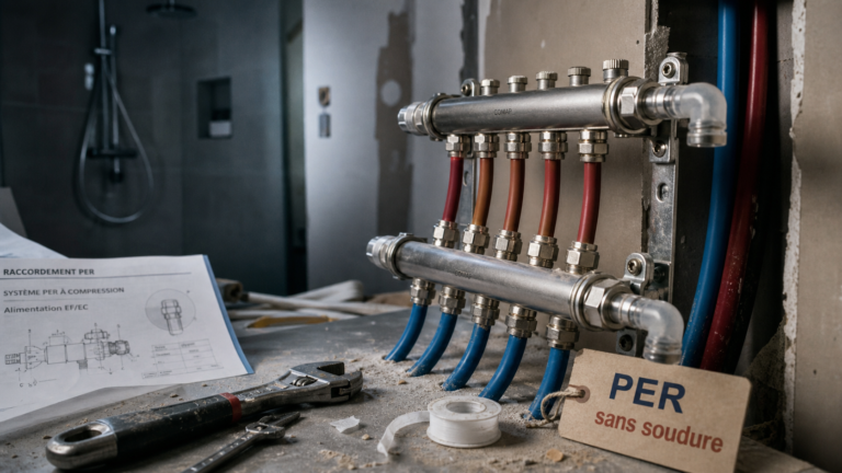 Plomberie en PE : collecteur PER et raccords sans soudure, salle de bain