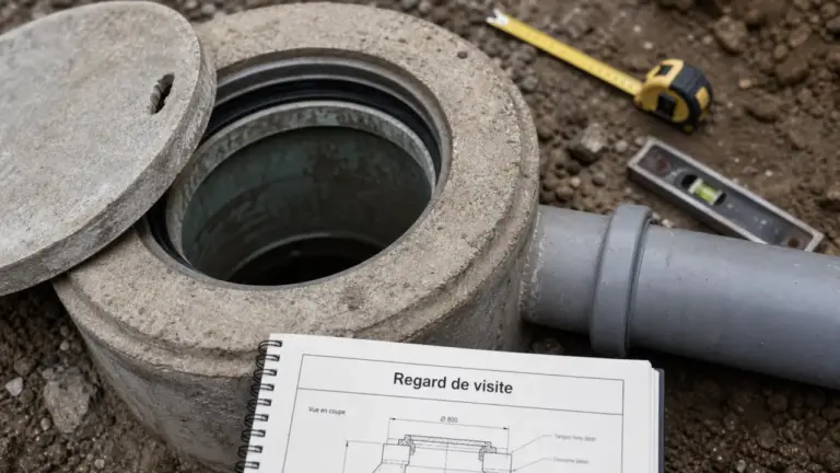 Regard de visite pour eaux usées : trappe en béton, raccord PVC