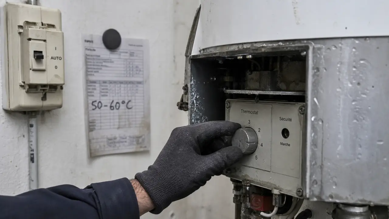 Régler température chauffe eau entre 50 et 60 °C, thermostat et repères.