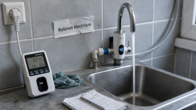 robinet electrique chauffant moderne sur évier en inox, prise électrique proche