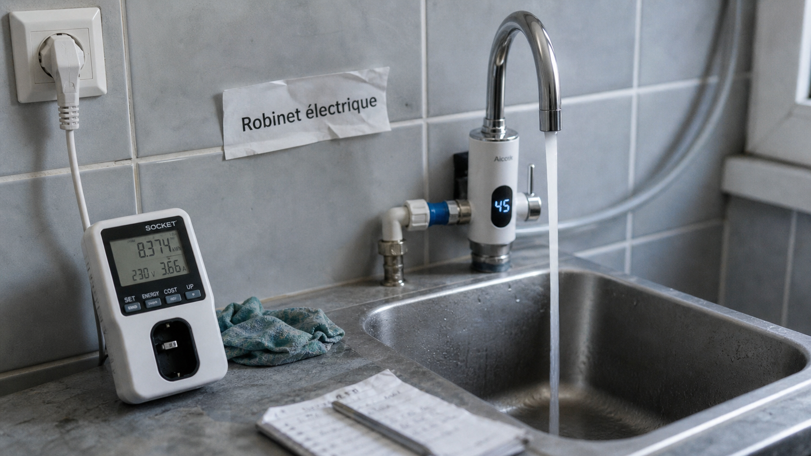 robinet electrique chauffant moderne sur évier en inox, prise électrique proche