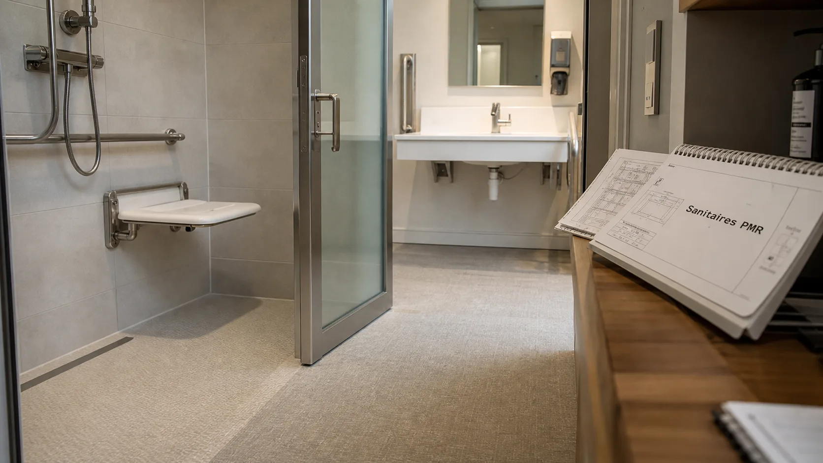 Salle de bain norme pmr avec douche de plain-pied et barre d’appui
