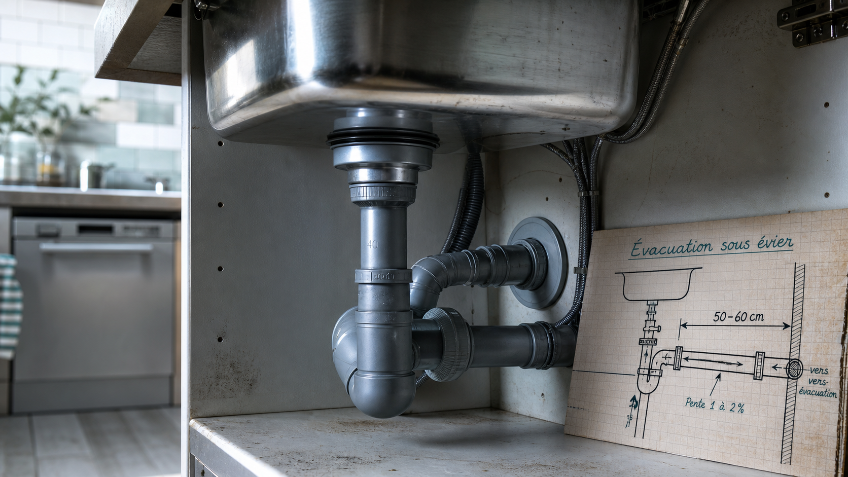 Schéma évacuation évier cuisine : sortie 40 mm et 50 mm, hauteur à respecter