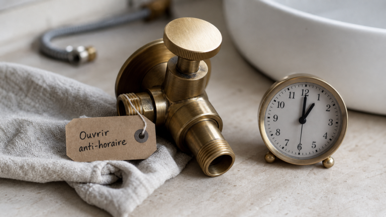 Sens ouverture robinet anti-horaire, levier et quart de tour