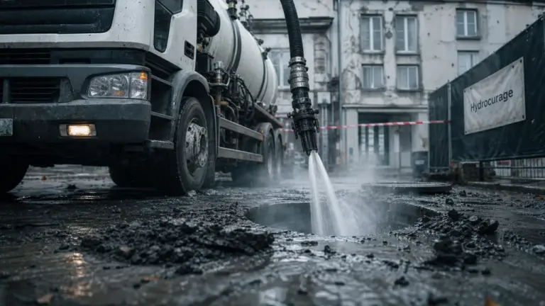Camion debouchage canalisation : hydrocureur haute pression près d’une trappe d’égout