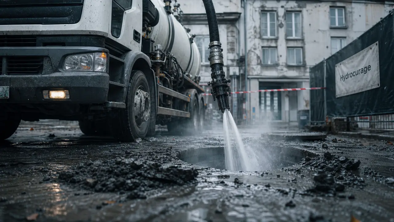 Camion debouchage canalisation : hydrocureur haute pression près d’une trappe d’égout