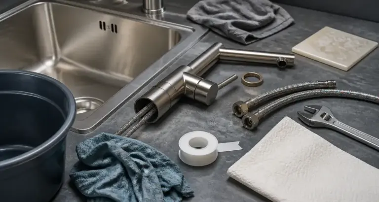 Changer de robinet cuisine : mitigeur partiellement démonté et outils