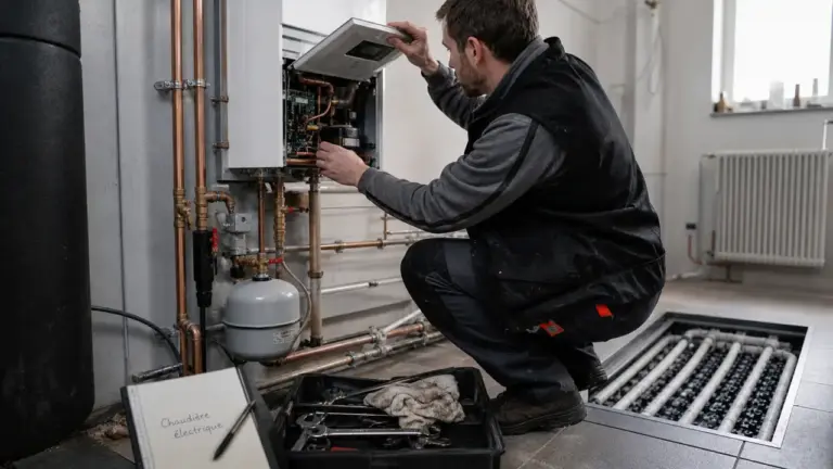 Technicien vérifie une chaudiere electrique chauffage central en chaufferie