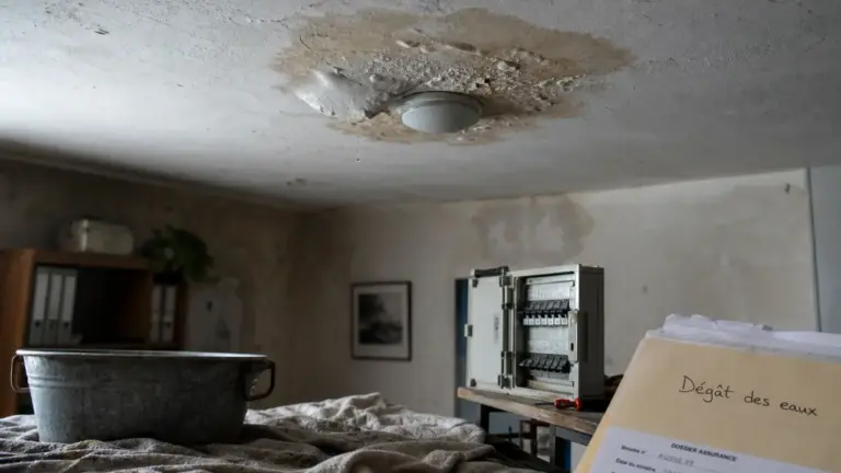 Dégât des eaux au plafond : auréole, fuite et réparation en cours