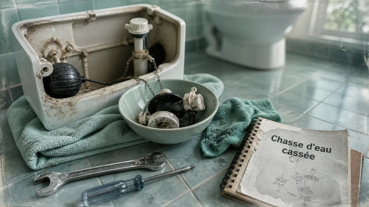 Chasse d'eau cassée : fuite, flotteur et clapet dans le réservoir