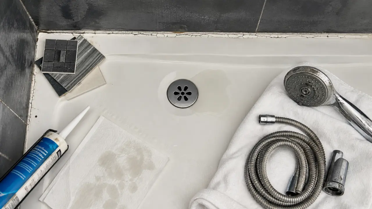 Douche qui fuit : joints silicone fissurés et trace près de la bonde