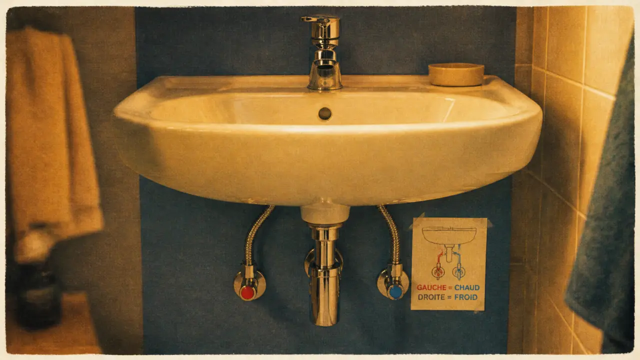 Eau chaude gauche ou droite : repère rouge gauche, bleu droit sur lavabo