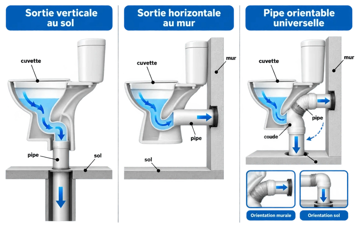 Schéma de l’évacuation wc avec sortie verticale, horizontale et universelle