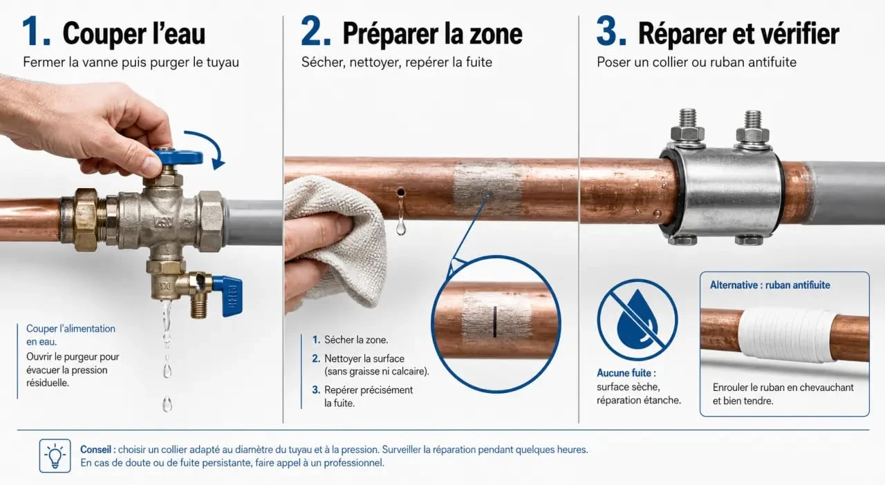 Colmater une fuite d'eau : étapes visuelles pour couper l’eau, préparer le tuyau et poser un colmatage