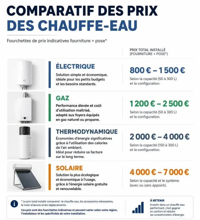 Comparatif des prix de remplacement d'un chauffe-eau selon la technologie choisie