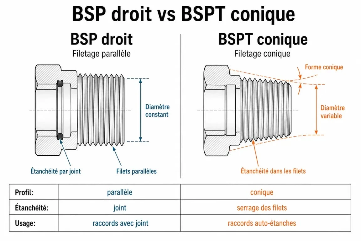 Comparaison entre filetage BSP droit et BSPT conique pour la plomberie