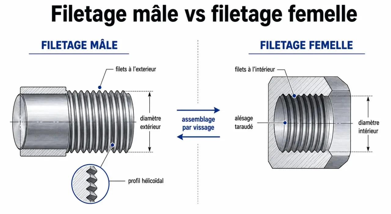 Schéma explicatif des filetages mâle et femelle en plomberie