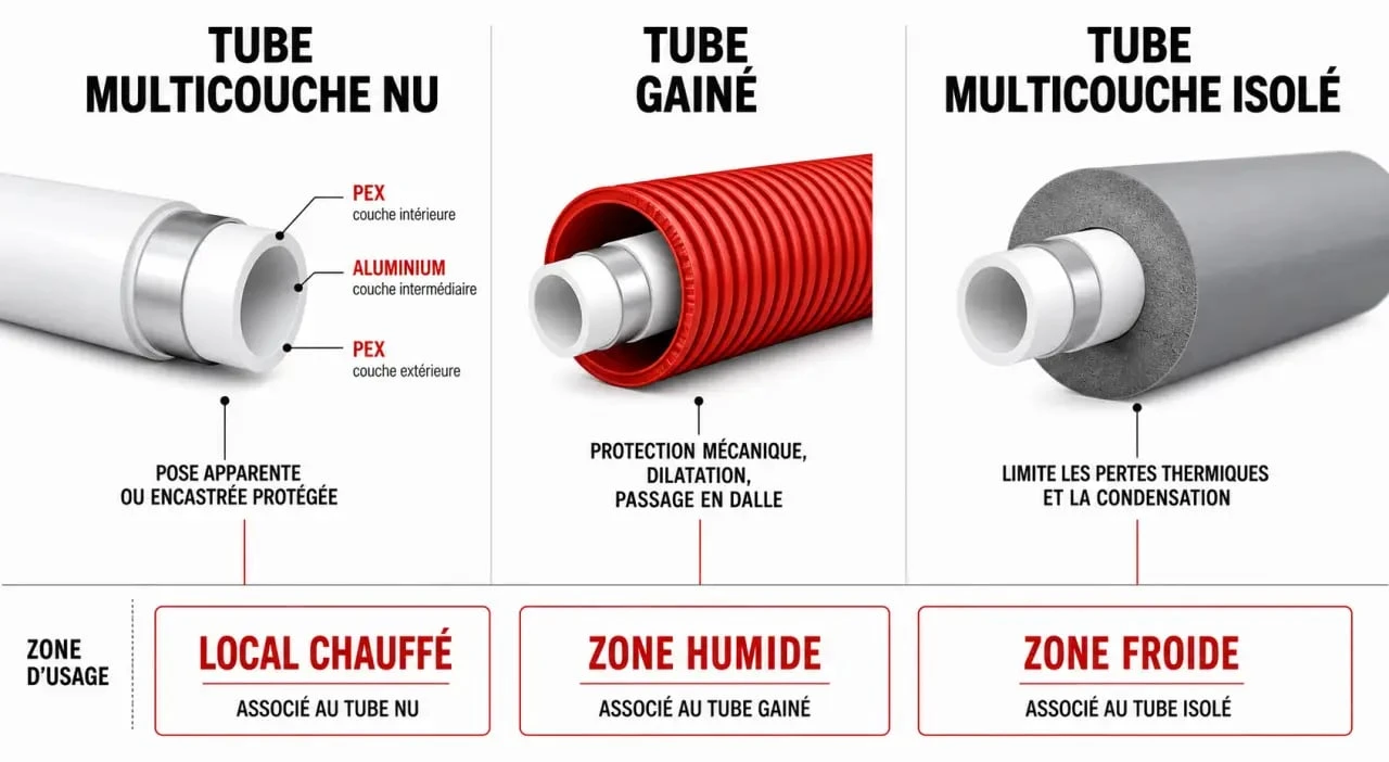 Isoler multicouche : comparaison visuelle entre tube nu, tube gainé et tube isolé selon la zone de pose