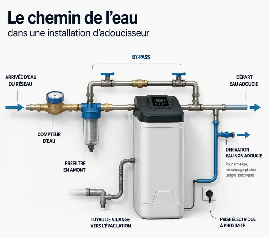 Installer adoucisseur d’eau : schéma éditorial du compteur au by-pass et à l’évacuation