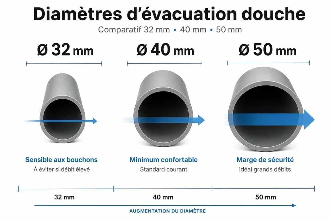 Comparatif visuel du diametre evac douche 32 mm, 40 mm et 50 mm