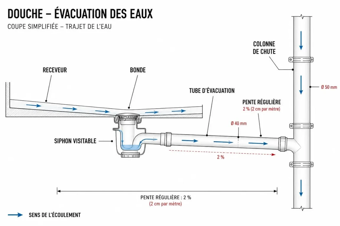 Schéma du diametre evac douche avec bonde, siphon et pente d’évacuation
