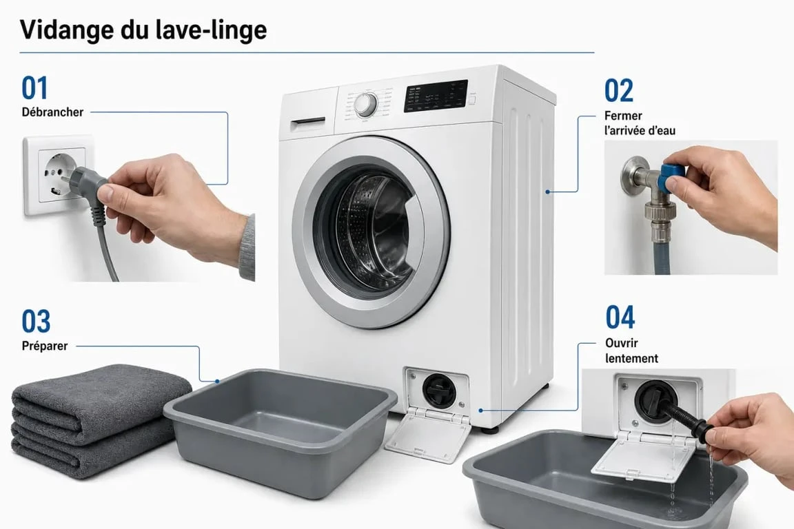 Lave linge vidange : schéma des étapes pour vidanger une machine en sécurité