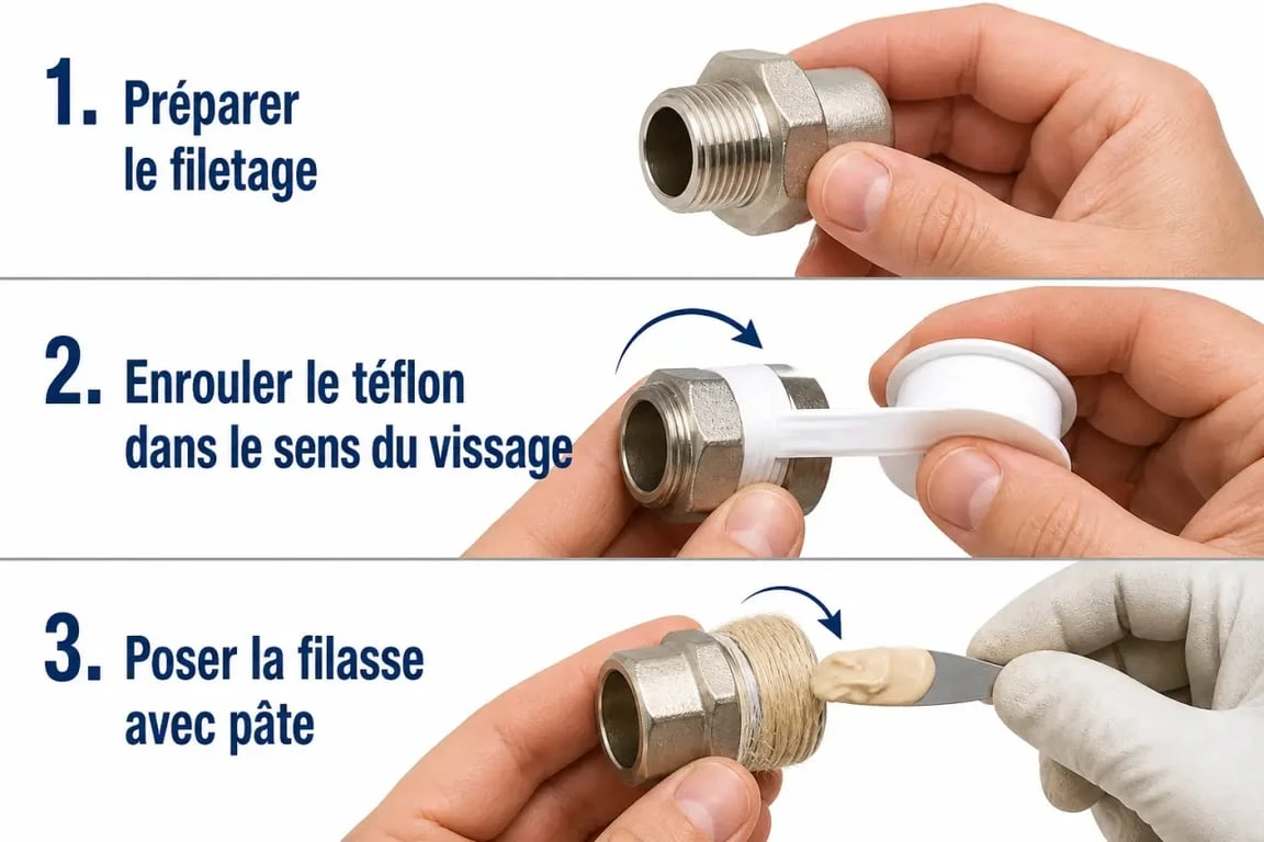 Teflon ou filasse : étapes de pose sur un filetage de plomberie