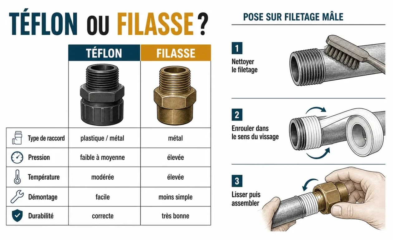 Teflon ou filasse : visuel comparatif pour choisir le bon joint de plomberie
