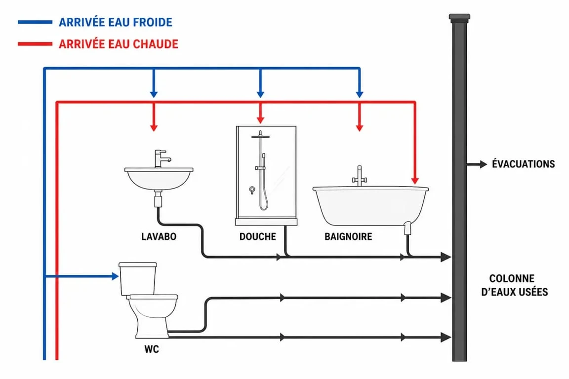 Plomberie pour salle de bain : schéma de circulation de l’eau entre arrivées, robinetterie et évacuations