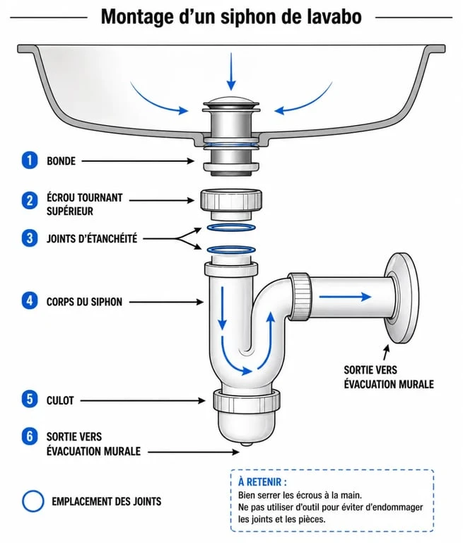 Schéma montage siphon lavabo avec bonde, siphon, joints et sortie d’évacuation