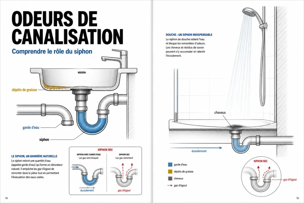Odeur dans les canalisations : schéma du siphon, de la garde d’eau et des causes de remontée d’odeurs