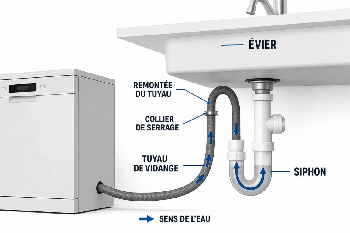 Schéma de l’évacuation lave-vaisselle sous évier avec siphon et tuyau de vidange