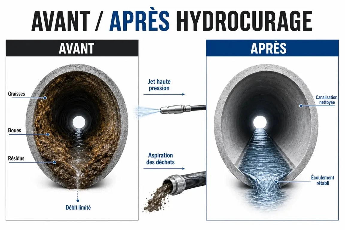 Fonctionnement du camion debouchage canalisation avant et après hydrocurage