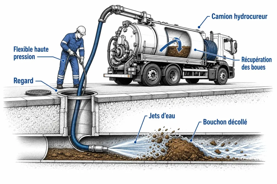 Schéma du camion debouchage canalisation montrant la haute pression et l’aspiration