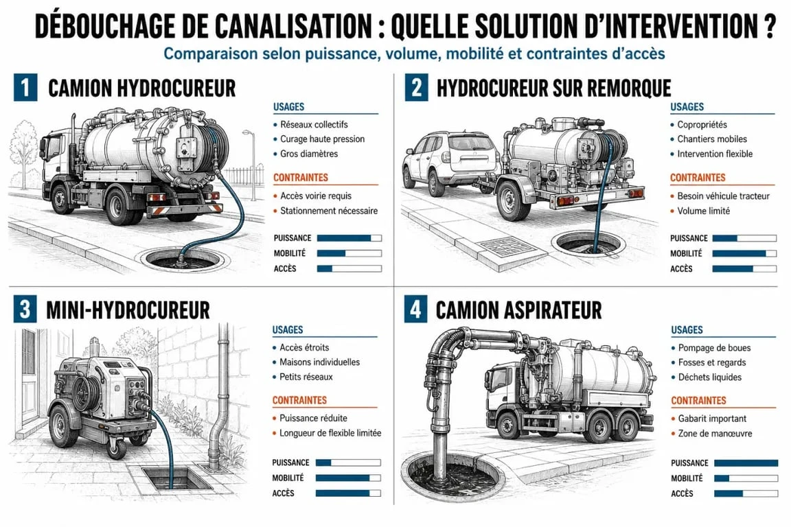 Comparaison des solutions de camion debouchage canalisation selon l’accès et le diamètre
