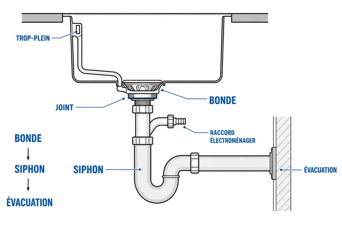 Schéma de bonde d'évier et siphon pour comprendre le montage et l'évacuation
