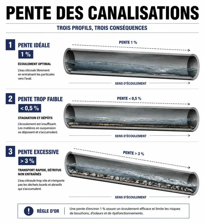 Schéma explicatif de la pente d'évacuation des eaux usées et du principe d'auto-curage